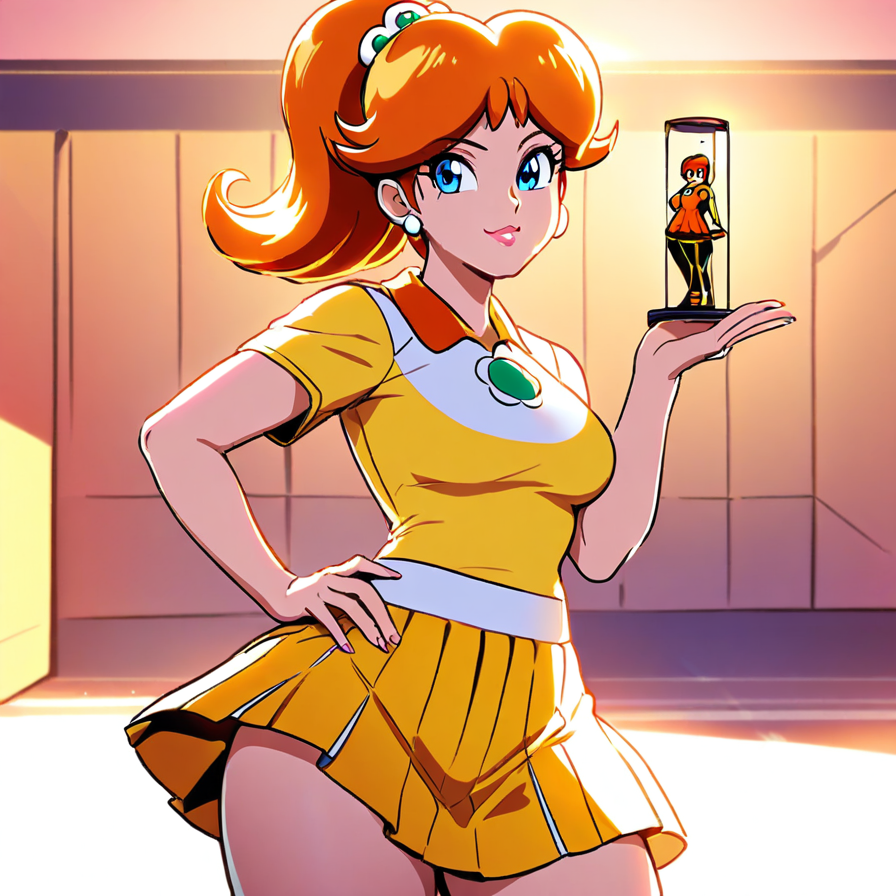 Anime-Style Woman in Yellow Outfit Holding a Miniature Figure