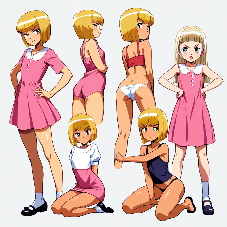 Blonde Anime Character Design Sheet – Pink Outfit & Pose Study