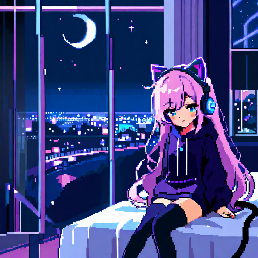 Pixel Art Girl with Cat Ear Headphones Overlooking a Night Cityscape