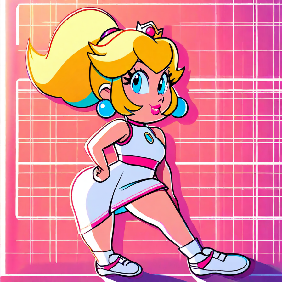 Stylized Cartoon Character in White Dress against Pink Grid Background
