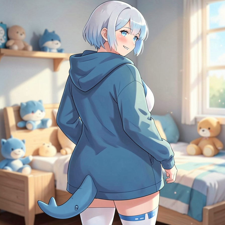 Anime Girl in a Blue Shark Hoodie in a Bedroom
