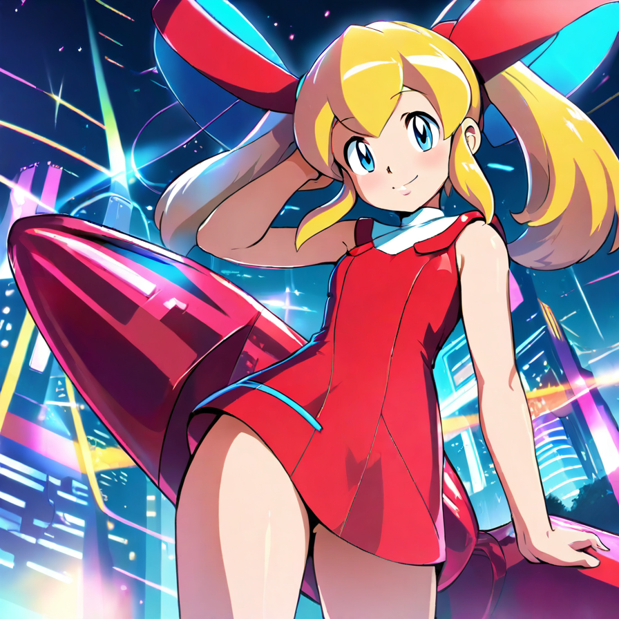 Anime Girl in Red Dress with Futuristic City Backdrop
