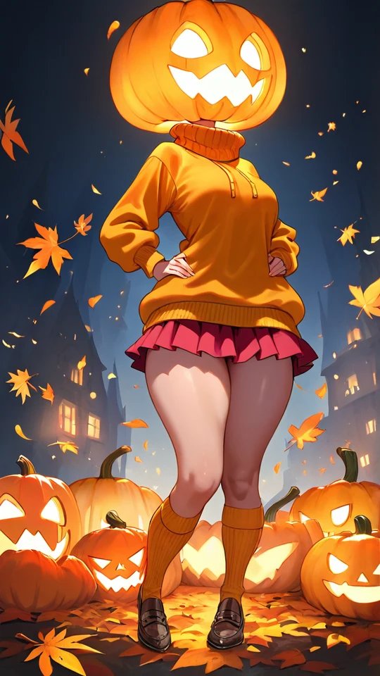Anime Girl with Pumpkin Head in Autumn Setting