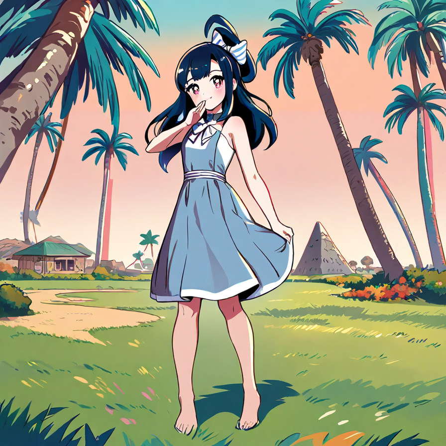 Anime Girl in a Summer Dress among Palm Trees and Pyramids