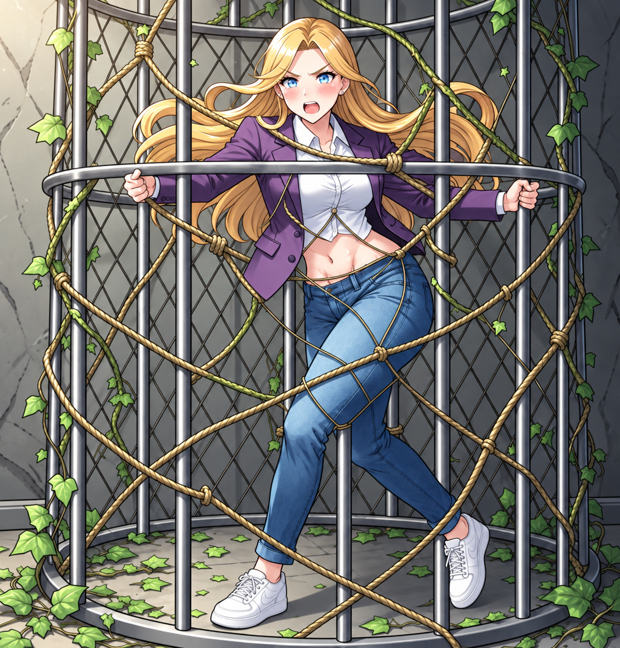 Blonde Woman Trapped in a Metal Cage with Ropes and Vines