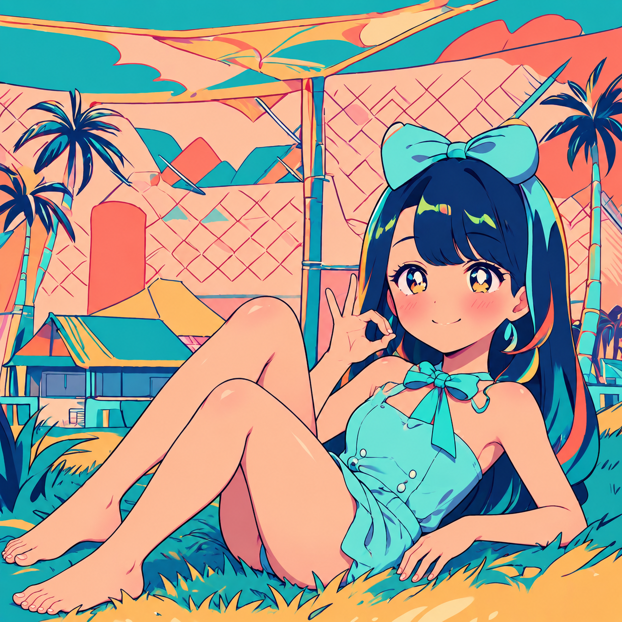 Anime Girl in Blue Swimsuit at a Tropical Beach