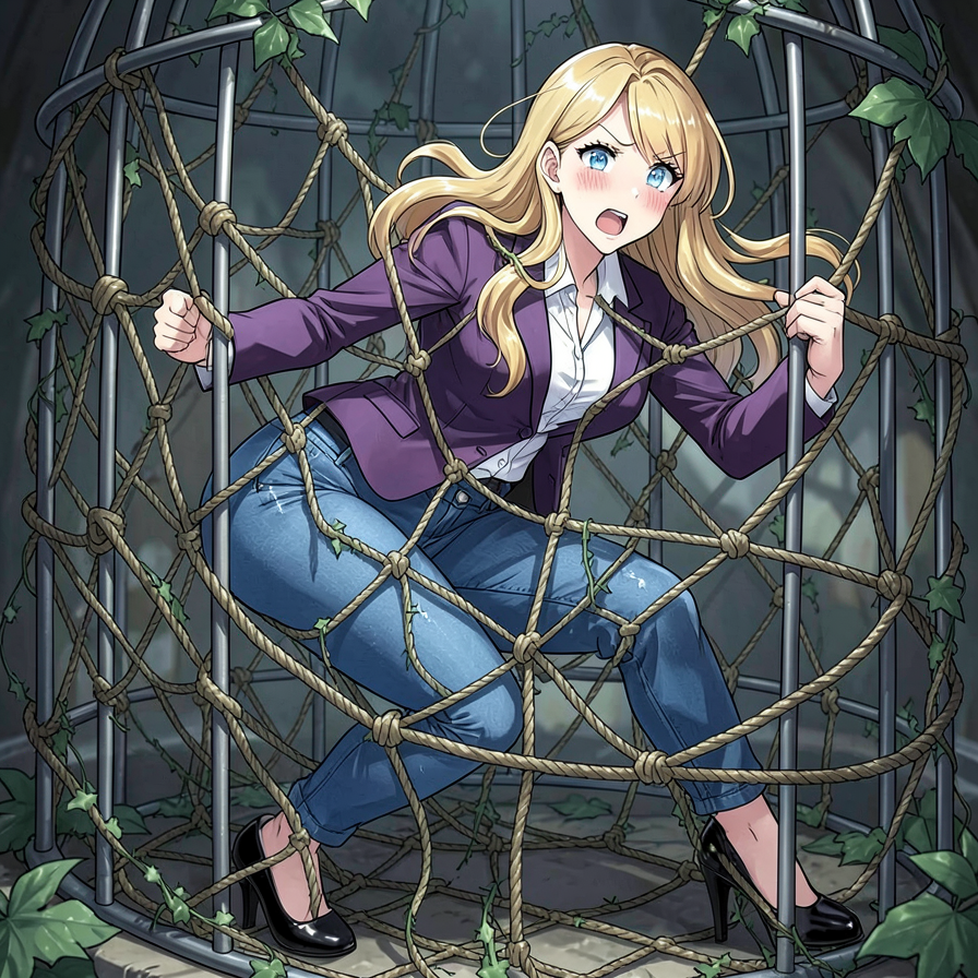 Blonde Woman Trapped in a Rope-Lined Metal Cage