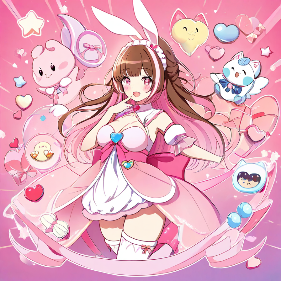Anime Girl in Pink Bunny-Themed Outfit with Cute Companions