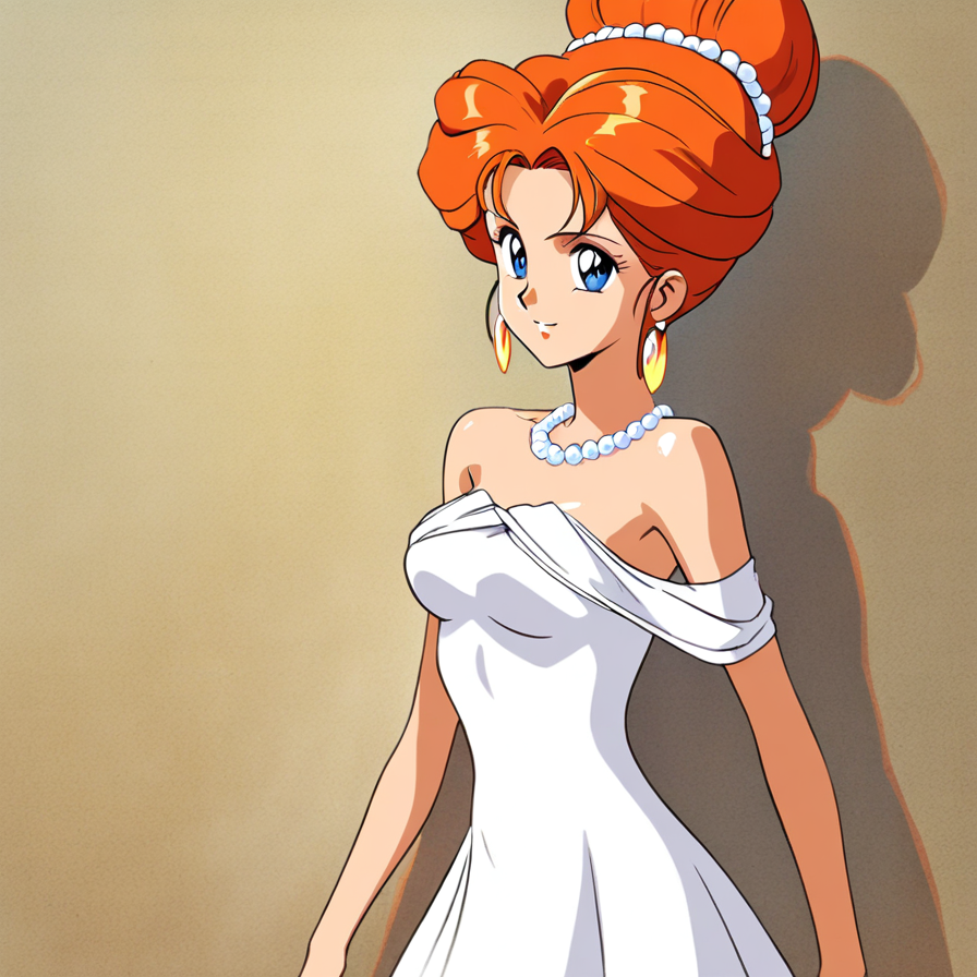 Anime-Style Woman with Orange Hair in a White Gown