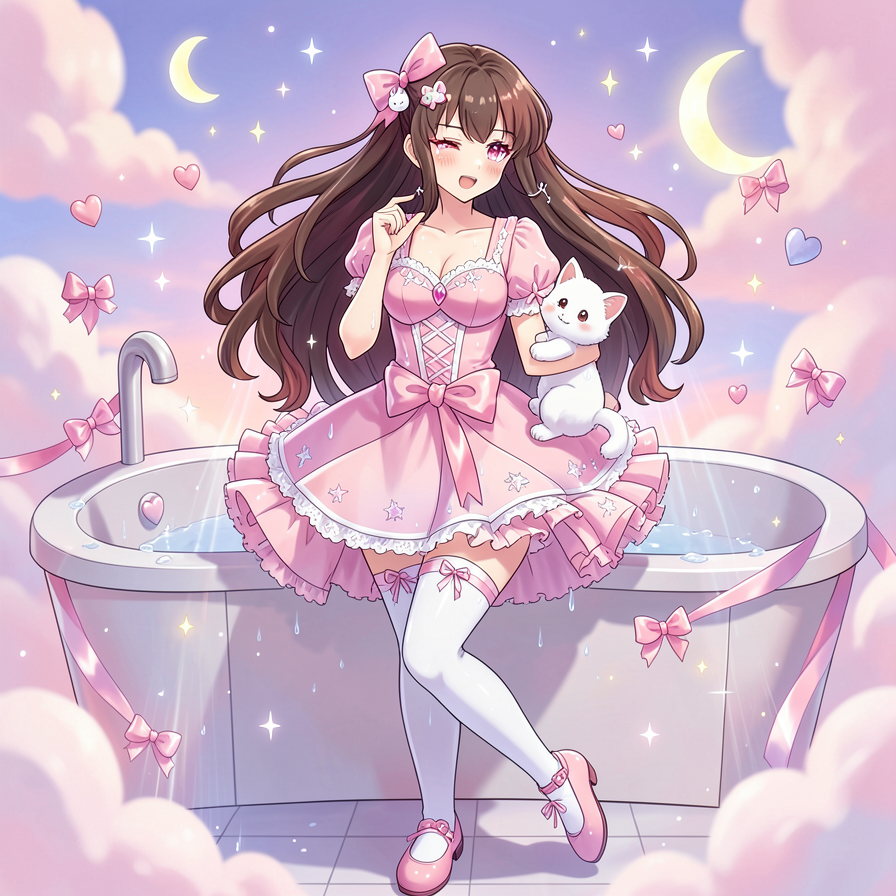 Anime Girl in Pink Dress with White Kitten by a Bathtub