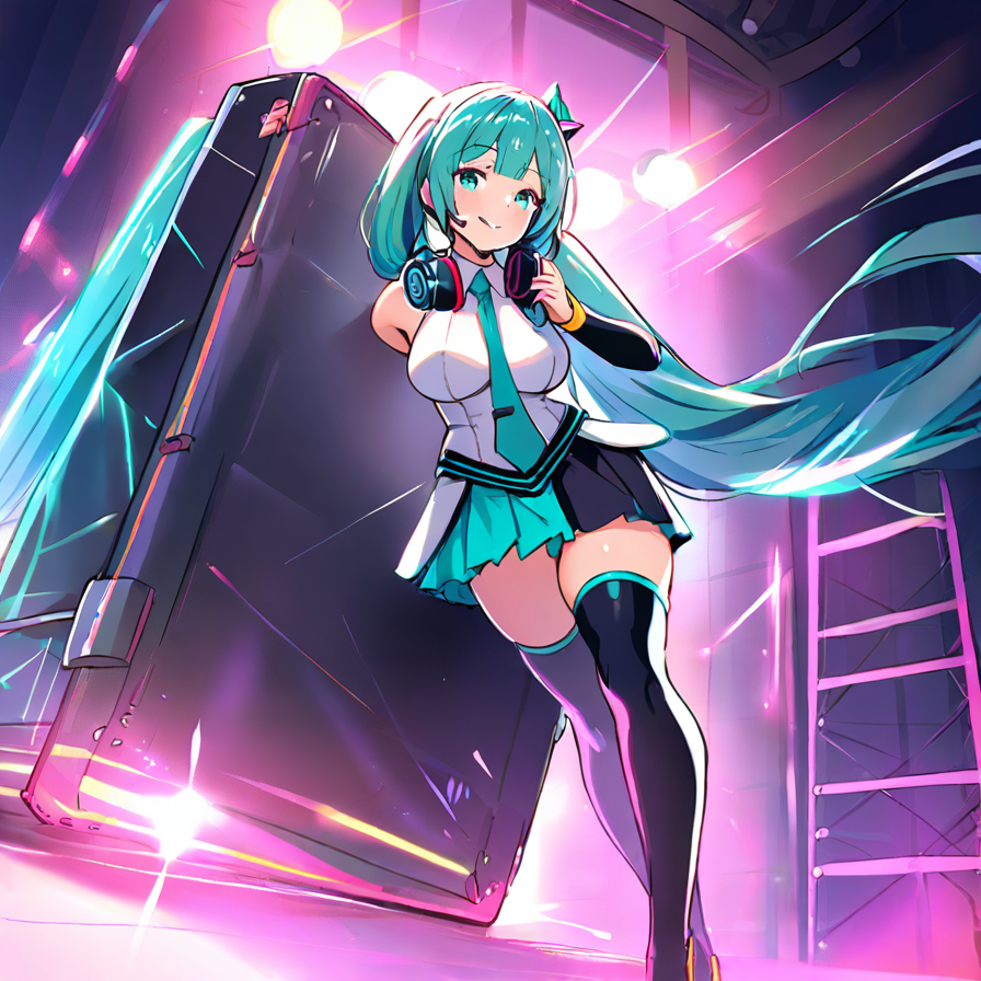 Anime Girl with Teal Hair and Headphones Leaning on a Large Case