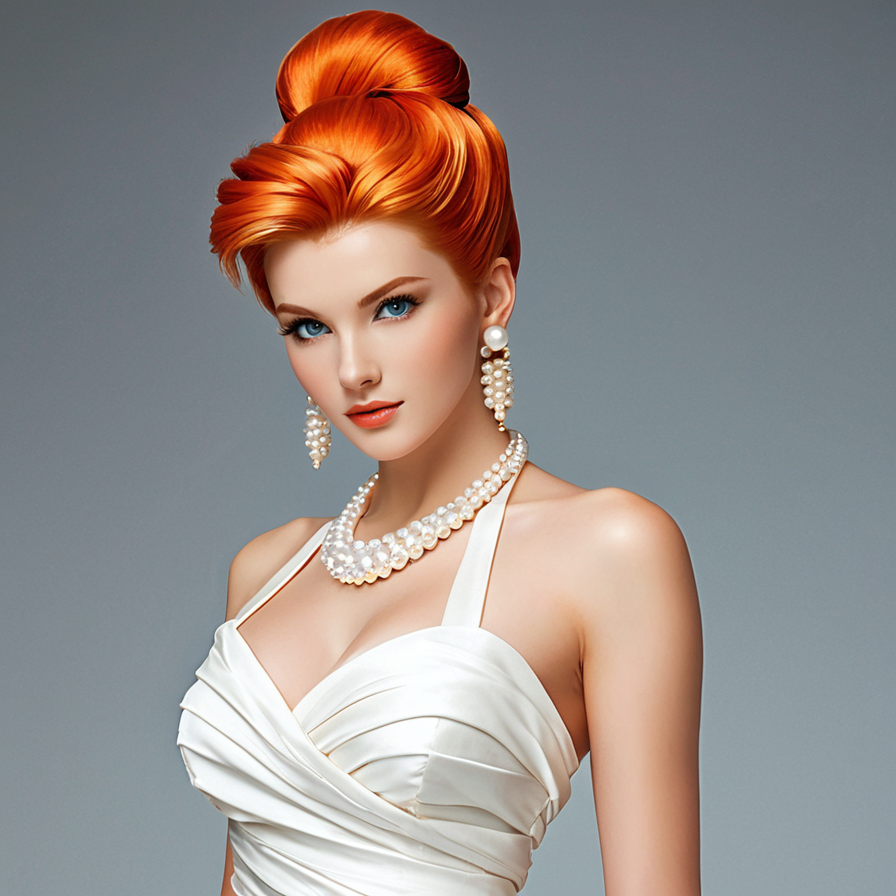 Portrait of a Woman with Vibrant Orange Hair and Pearl Jewelry