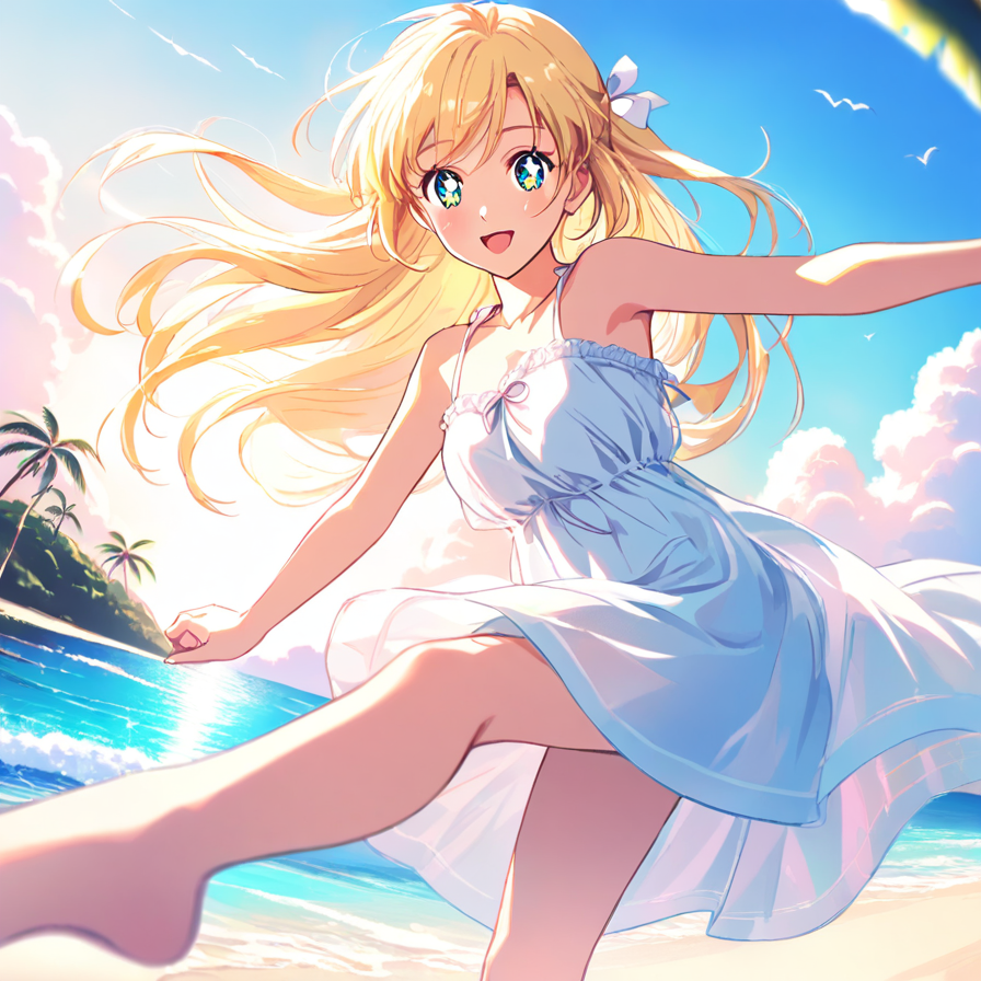 Anime Girl in White Summer Dress on a Sunny Beach