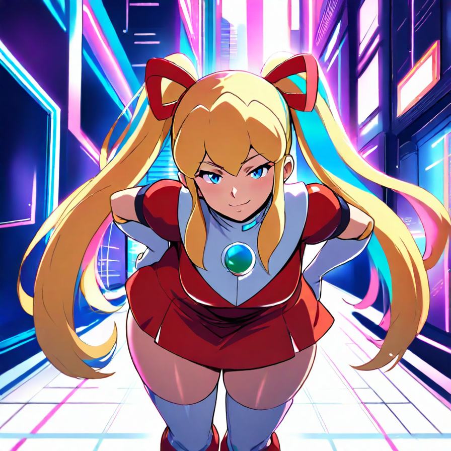 Anime Girl in Red and White Outfit in a Neon City