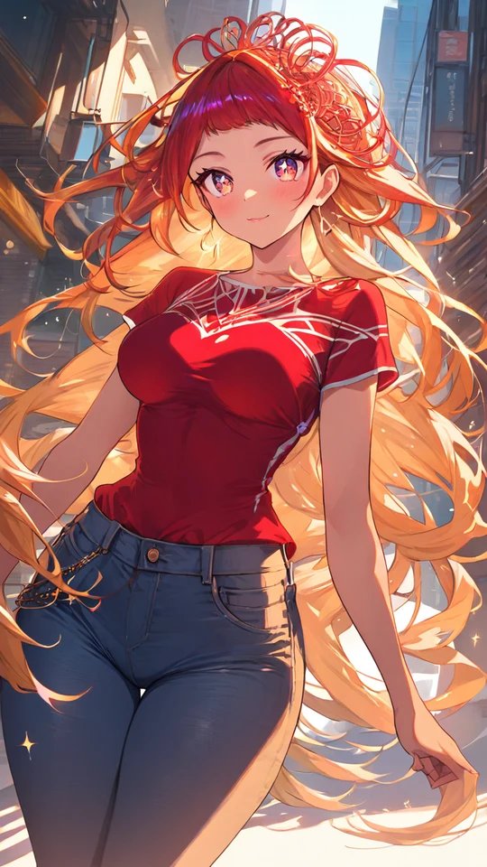 Anime Girl in Red T-shirt and Denim Jeans