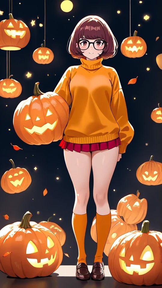 Anime Girl in Orange Sweater and Red Skirt with Pumpkins