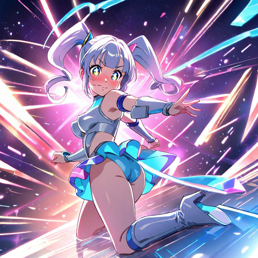 Anime Girl in Futuristic Blue Outfit with Dynamic Light Effects