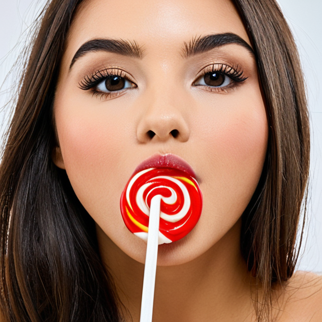 Close-up Portrait of a Woman with a Red and White Swirl Lollipop