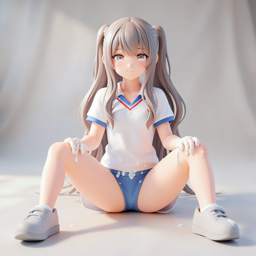 3D Anime Girl in School Uniform with White Liquid