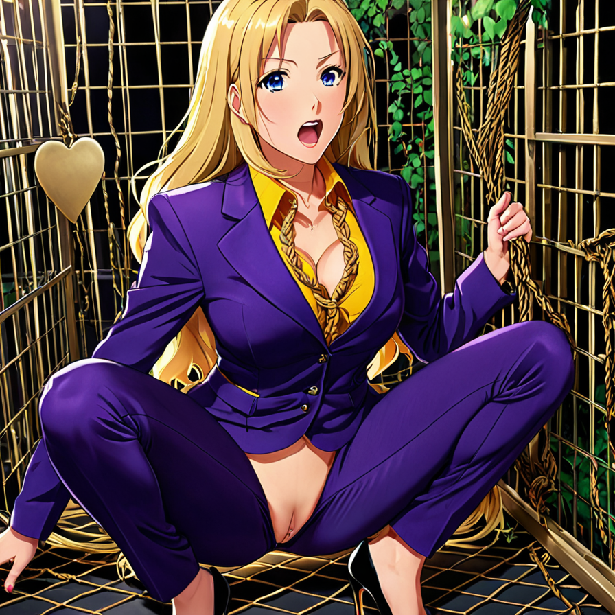 Anime Woman in Purple Suit in a Golden Cage