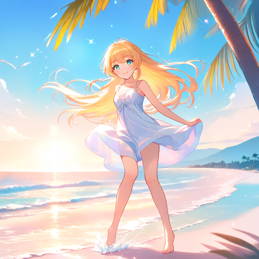Anime Girl in White Dress on a Sunny Beach