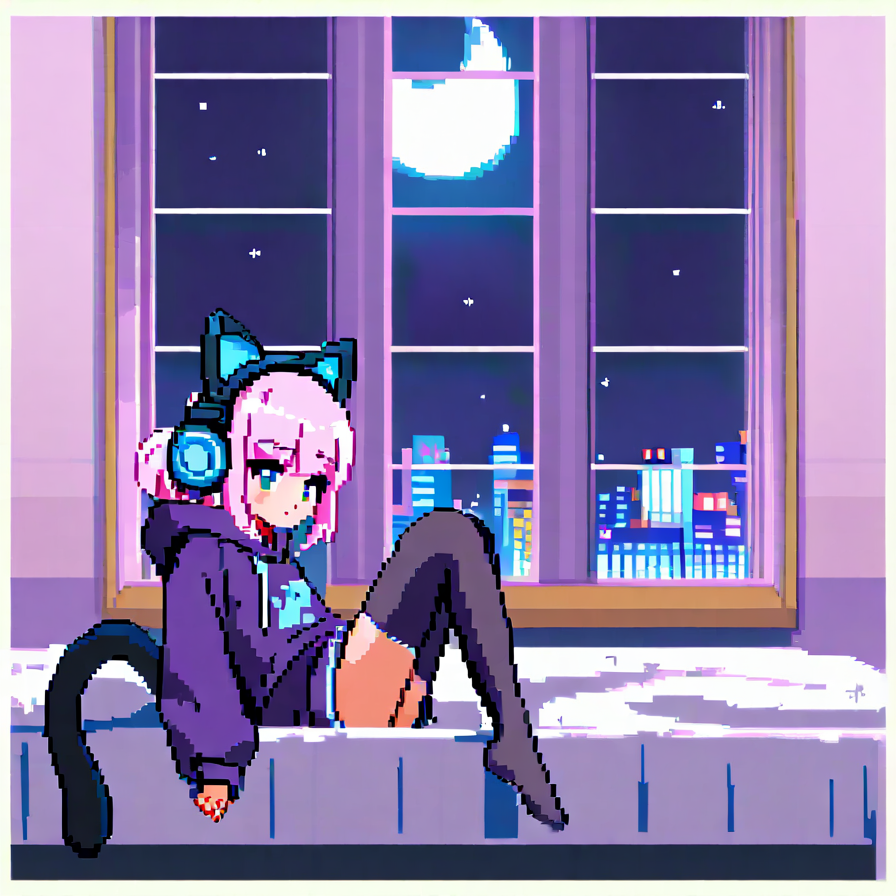 Pixel Art Girl with Cat Ears by a Window at Night