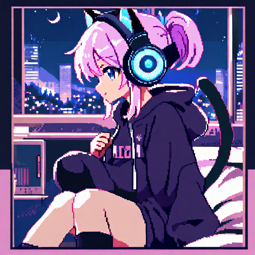 Pixel Art Anime Girl with Headphones by a City Window