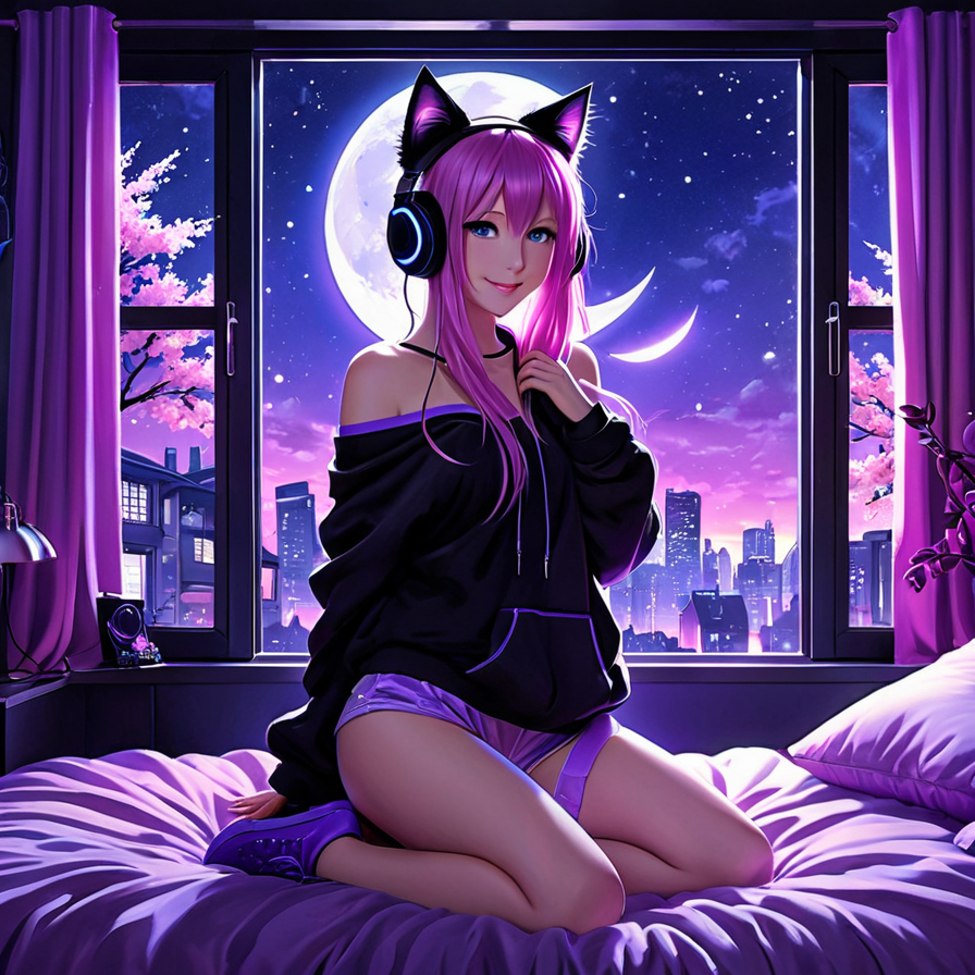 Anime Girl with Cat-Ear Headphones by a Moonlit Window