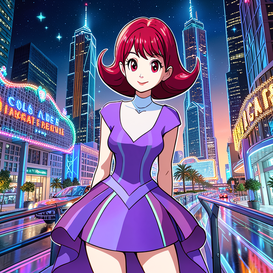 Anime Girl in Purple Dress in a Neon Cityscape