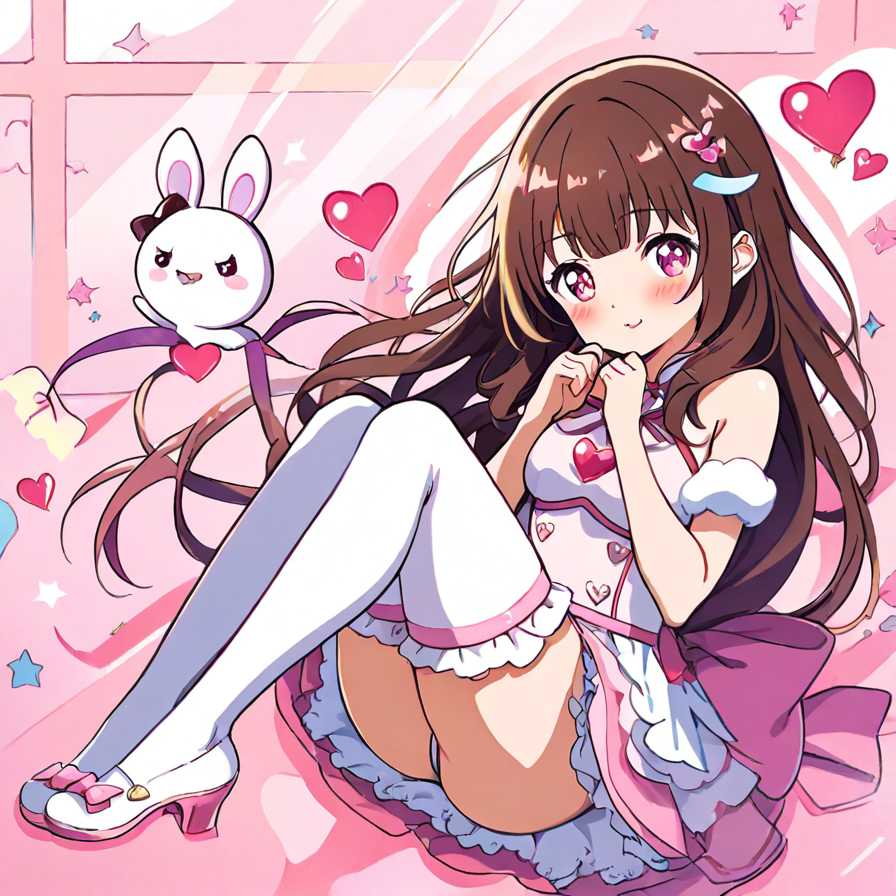 Anime Girl in Pink Ruffled Dress with Bunny Companion