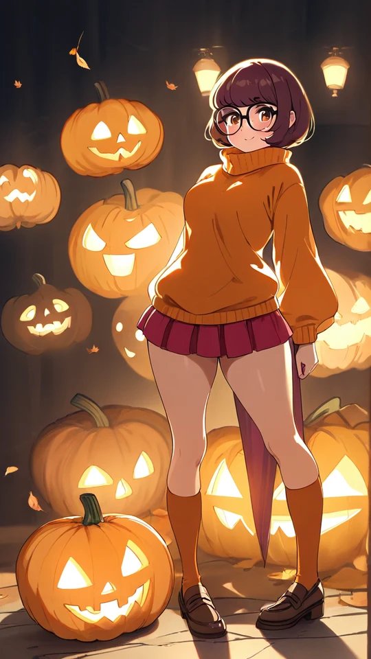 Anime Girl in Orange Sweater Surrounded by Jack-o'-lanterns