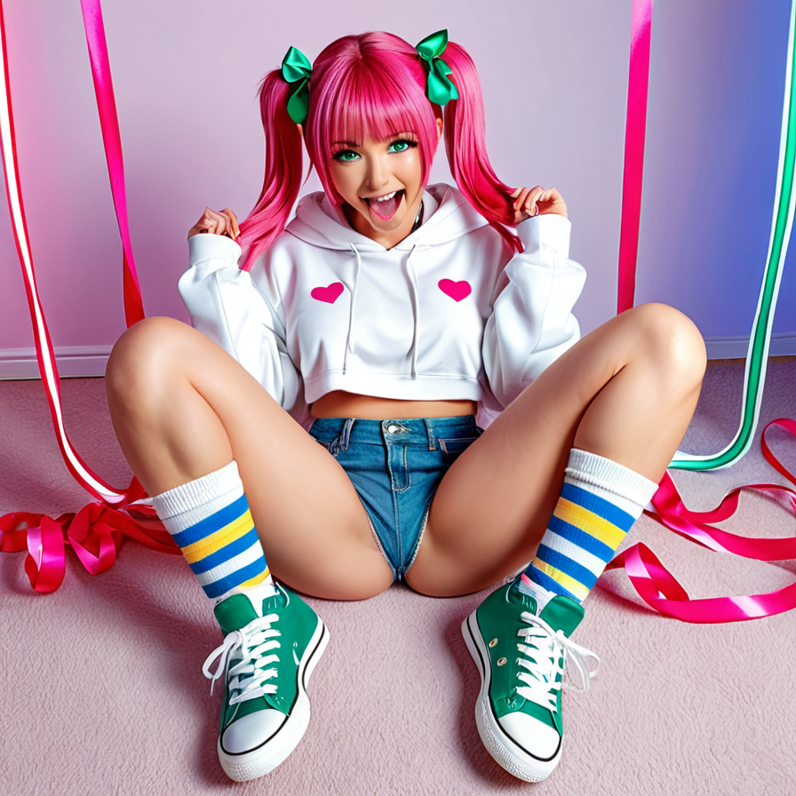 Person in Pink Pigtails and White Hoodie with Heart Details