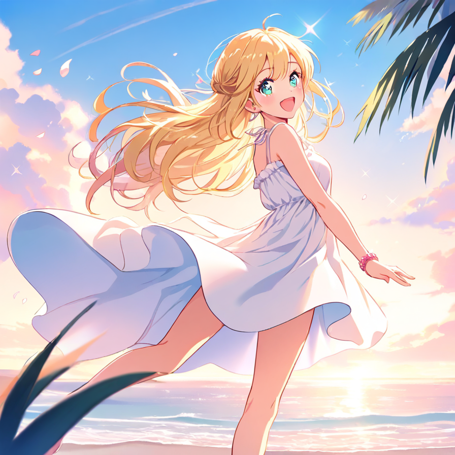 Anime Girl in a White Summer Dress on a Sunny Beach