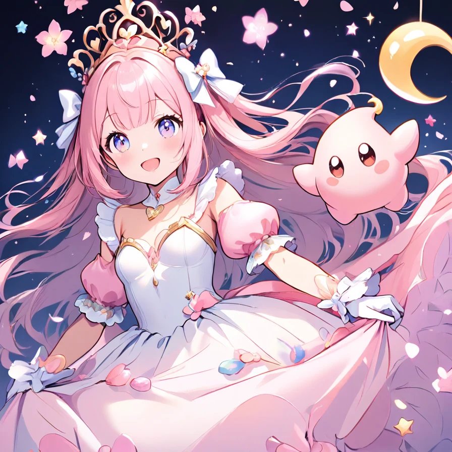 Anime Girl in a White and Pink Ballgown with a Small Pink Creature