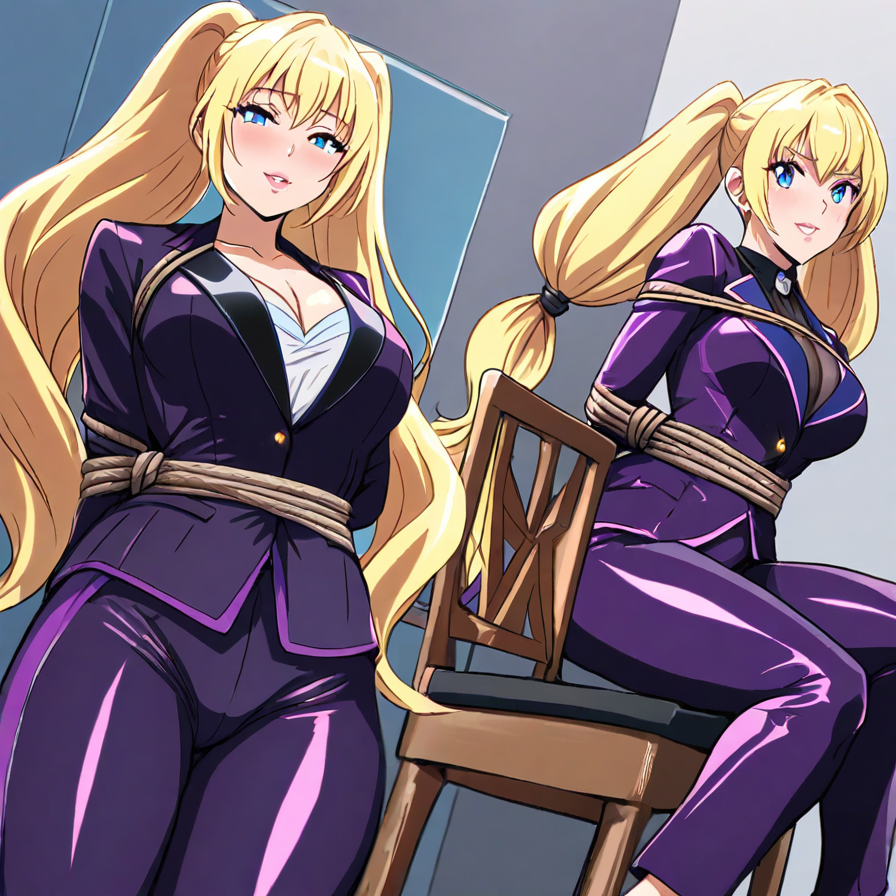 Anime Style Illustration of Two Blonde Women in Purple Suits Bound with Rope