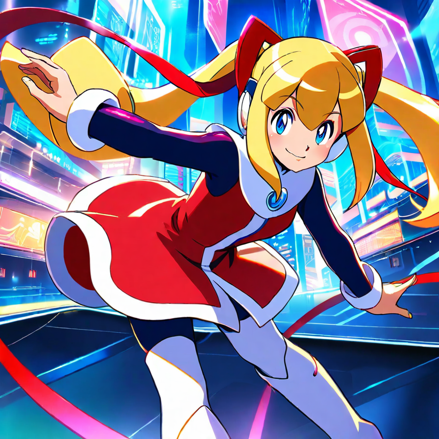 Anime Girl in Red and White Outfit in a Futuristic City