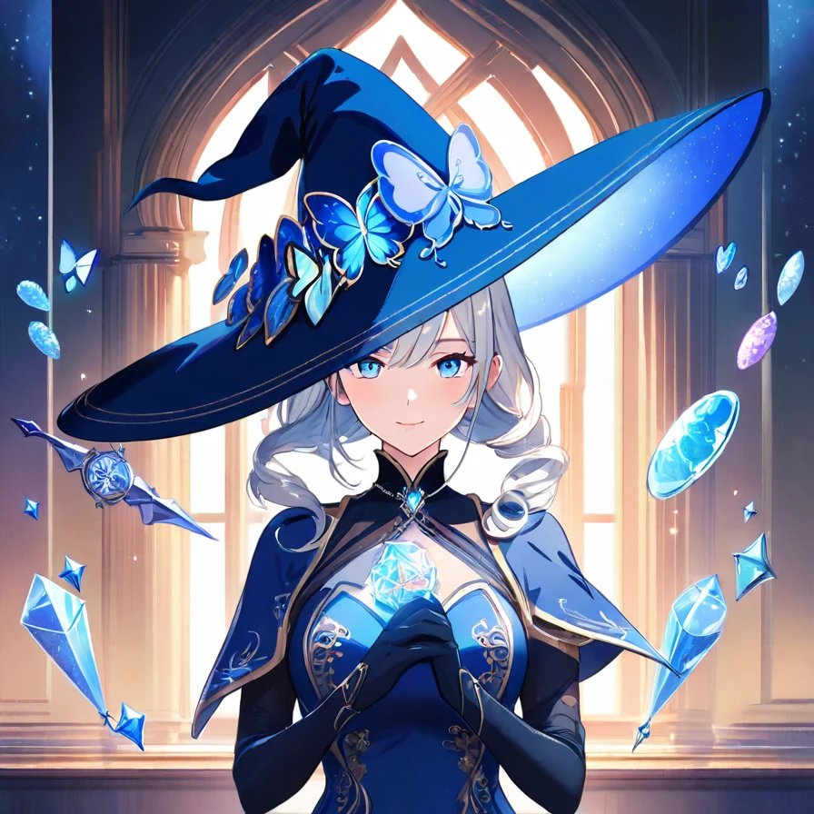 Anime-Style Portrait of a Blue-Clad Witch with Butterfly Accents