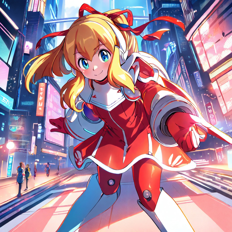 Anime Girl in Red Futuristic Suit in a Neon City
