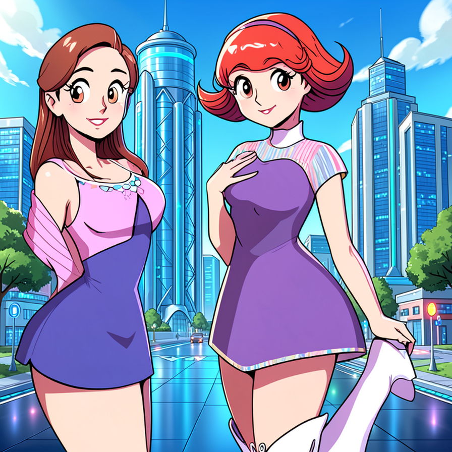 Two Women in Purple Dresses in a Futuristic City