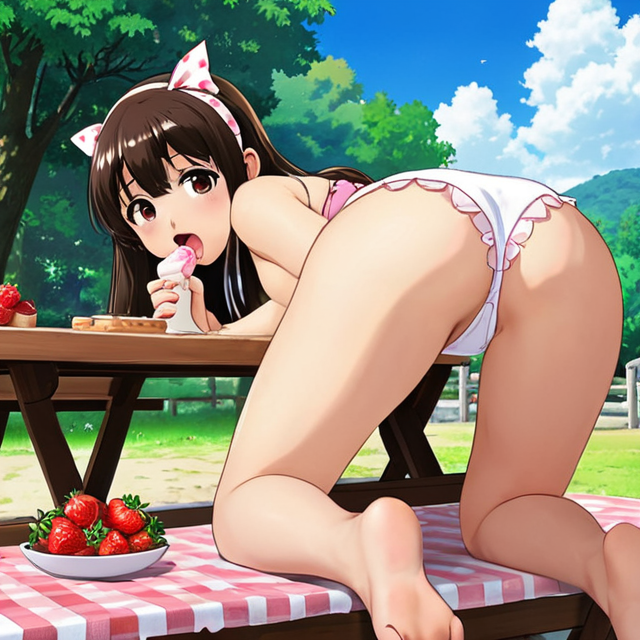 Anime Girl with Strawberries and Ice Cream at a Picnic Table
