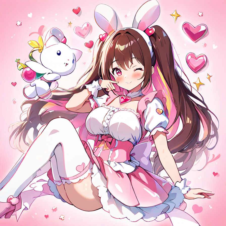 Anime Girl in Pink Bunny-Themed Outfit with Plush Companion