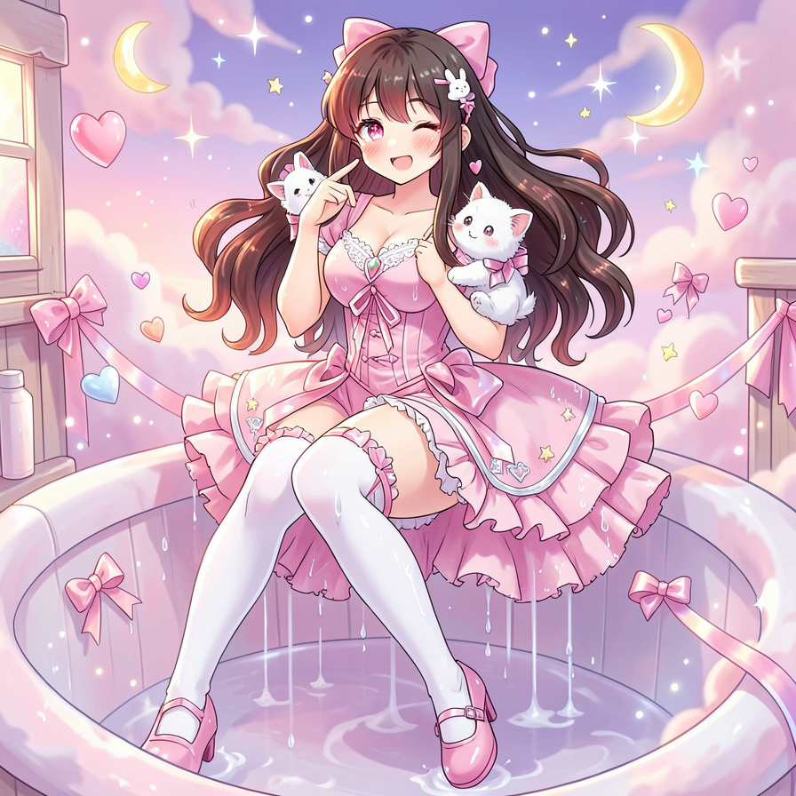 Anime Girl in Pink Frilled Dress with Cute Pets