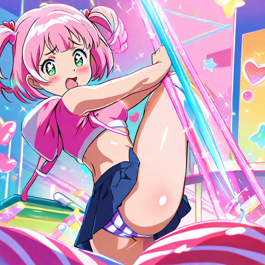 Anime Girl in Pink and Blue Outfit with Colorful Background
