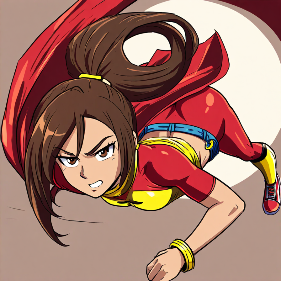 Dynamic Anime-Style Heroine in Red and Yellow Suit