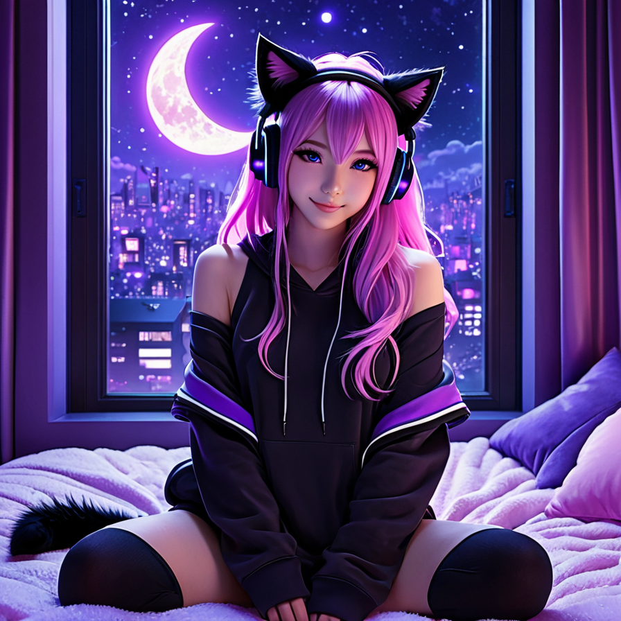 Anime Girl with Cat Ears and Headphones by a Night Window