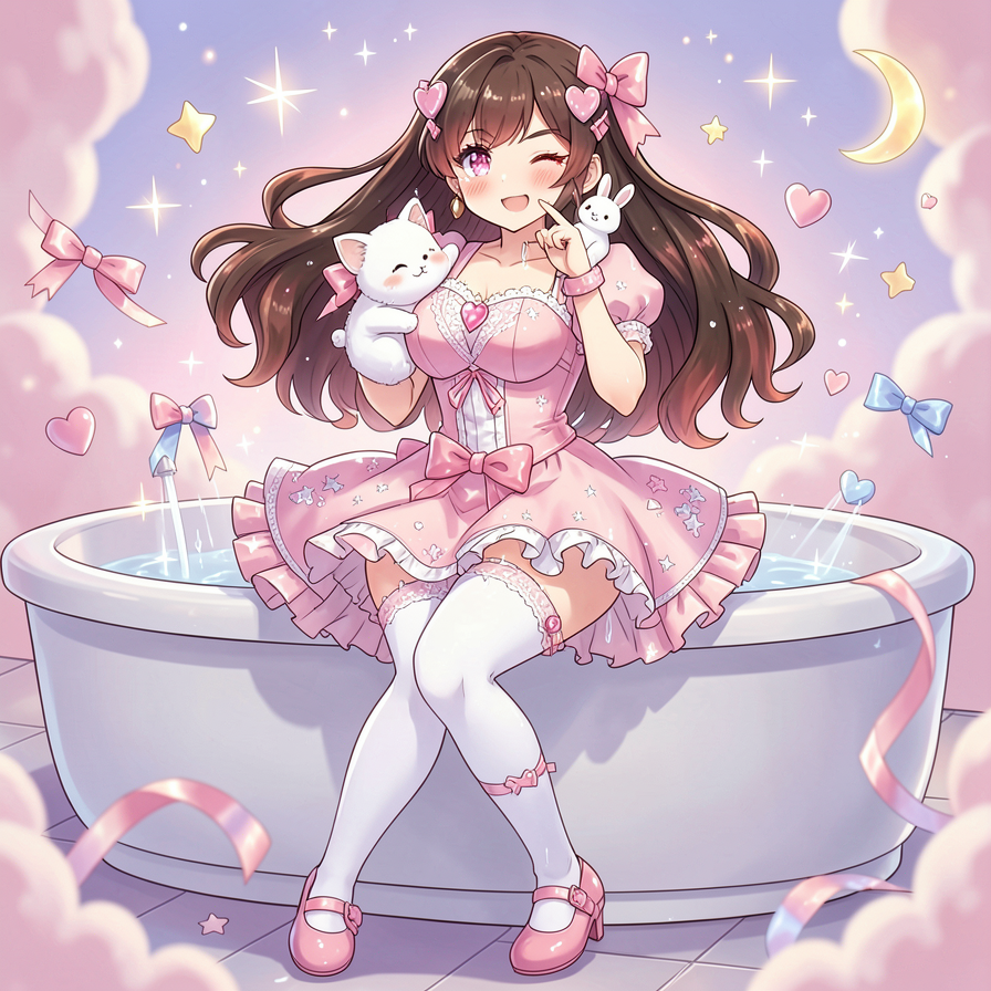 Anime Girl in Pink Dress with White Cats in a Bathtub