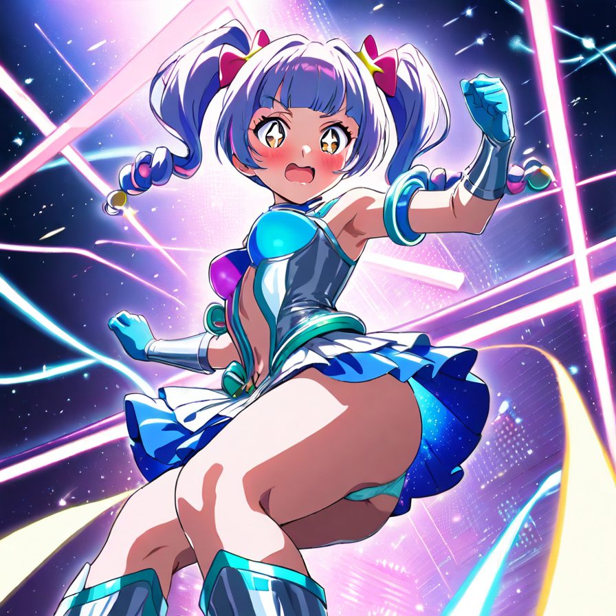 Anime Girl in Blue Futuristic Outfit with Neon Background