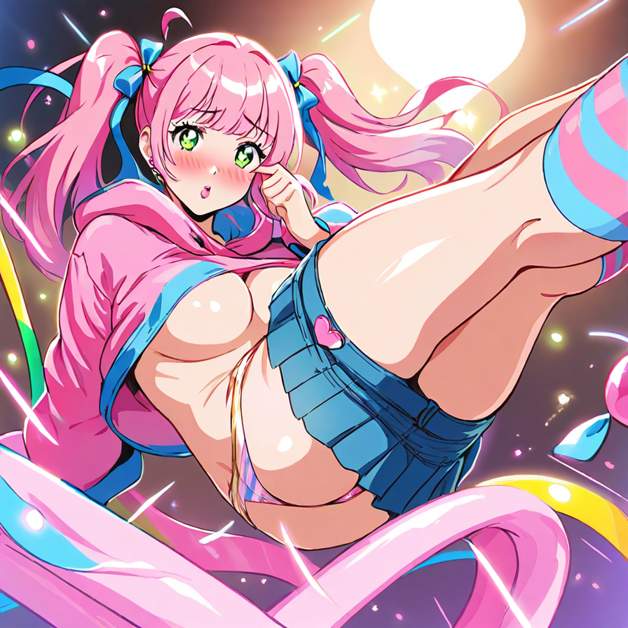 Anime Girl in Pink Hoodie and Blue Mini Skirt