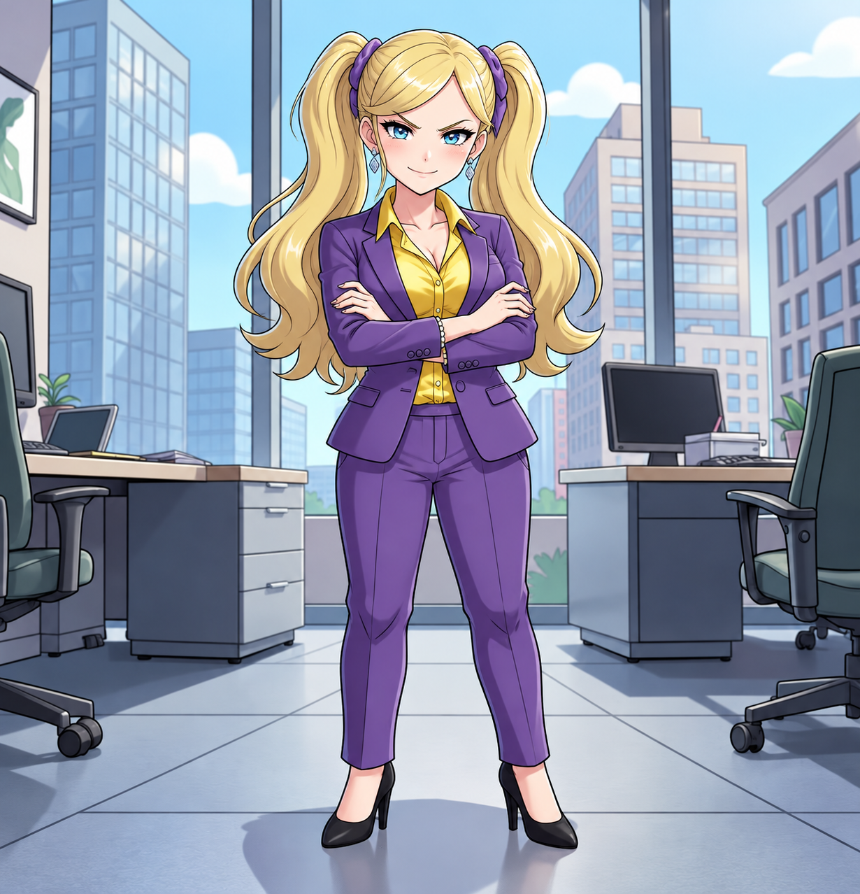Confident Blonde Woman in Purple Business Suit in Modern Office