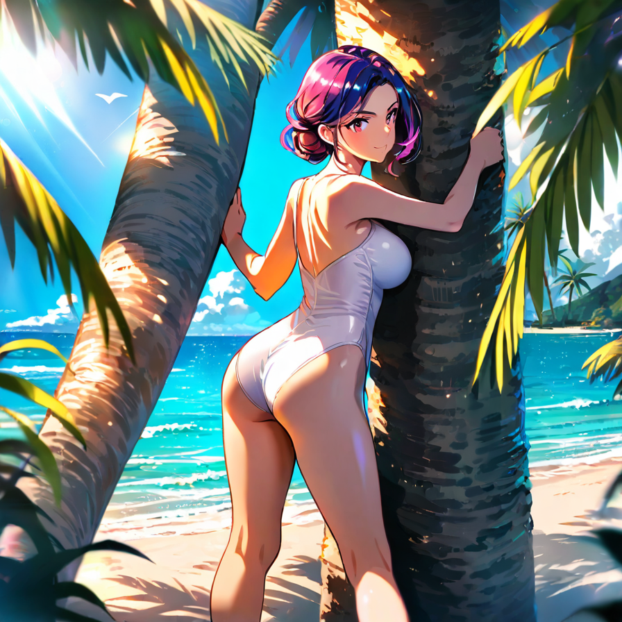 Anime Woman in White Swimsuit by Palm Trees on a Tropical Beach